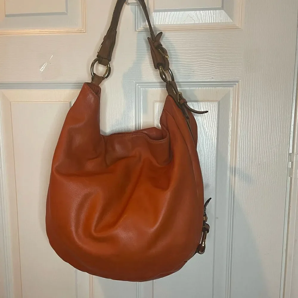 Lauren Ralph Lauren Large Leather Orange Red Hobo Bag Brown strap and trims.